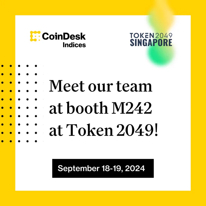Promotional image for an event featuring CoinDesk Indices at Token 2049 in Singapore. Includes text inviting visitors to meet at booth M242 from September 18-19, 2024, set against a bright yellow background with decorative graphics.