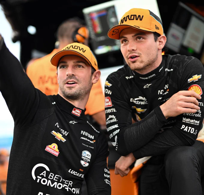 Arrow McLaren teammates Alexander Rossi and Pato O’Ward at Nashville Superspeedway for the NTT INDYCAR SERIES 2024 season finale.