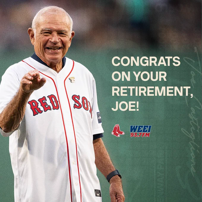 A photo of Joe Castiglione smiling on field at Fenway Park in a Red Sox jersey is overlaid with Red Sox and W-E-E-I logos reads “Congrats on your retirement, Joe!”