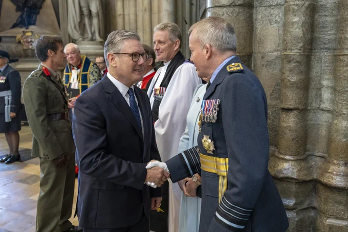 Air Chief Marshal, Sir Richard Knighton, Chief of the Air Staff shaking hands with the Prime Minister Sir Keir Starmer