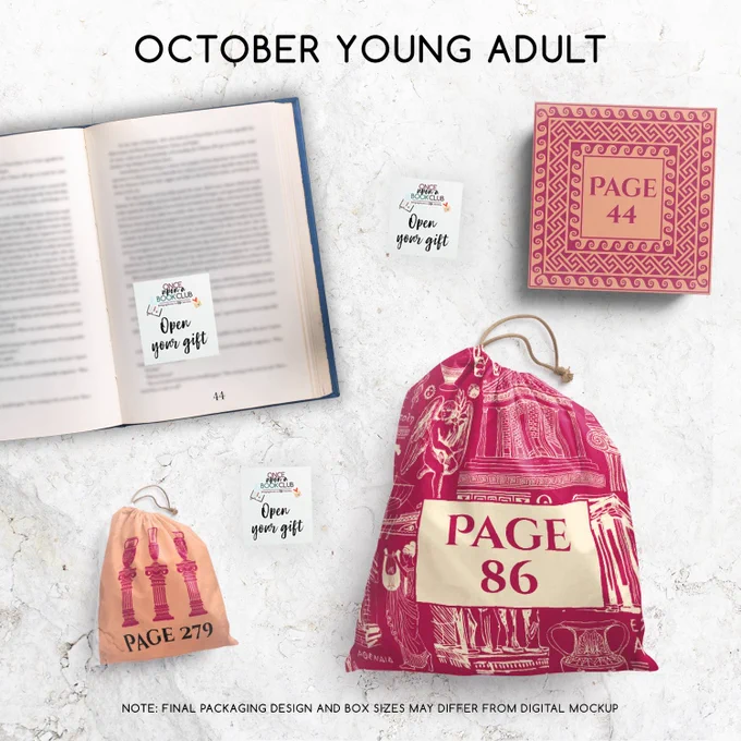 october young adult with an open book and blurred pages and 3 wrapped gifts labeled with page numbers