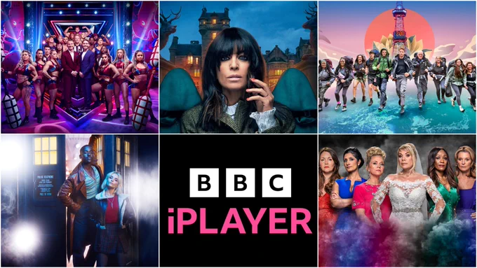 Top left to right - Gladiators, The Traitors and Race Across The World. Bottom left to right: Doctor Who, BBC iPlayer logo and EastEnders