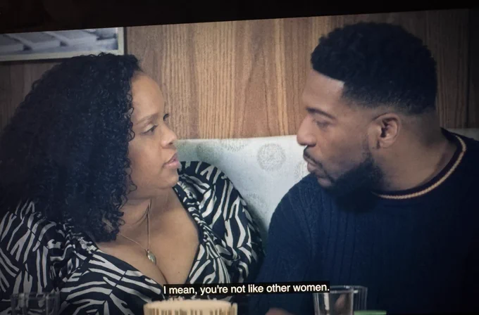 Two people looking at each other intently while the subtitle says “I mean, you’re not like other women.”