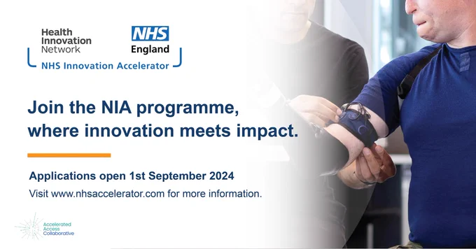 Graphic shows wording 'join the NIA programme where innovation meets impact'
applications open 1 sept 2024