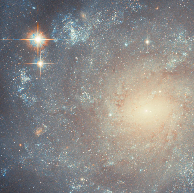 Part of a spiral galaxy, seen up close and face-on. It is coloured yellow and glowing brightly at the oval-shaped centre, showing older and cooler stars. A closer star in the foreground is at top left.