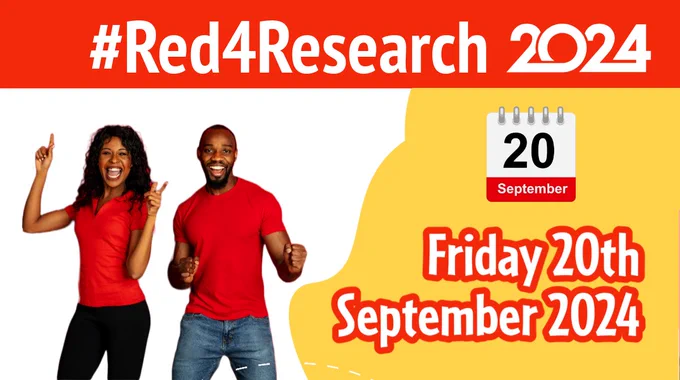 Banner text #Red4Research2024. Date is Friday 20th September 2024. 2 people look happy and are wearing red t-shirts.