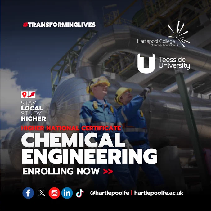 Advance your CHEMICAL ENGINEERING career with our HNC, franchised by @TeessideUni 

Learn from industry experts with part-time flexibility & personalised learning. #StayLocalStudyHigher & boost your career today! 

#TransformingLives #ChemicalEngineering 