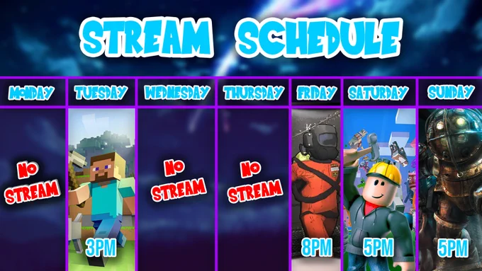 JaySamz Stream Schedule

Monday: No Stream
Tuesday: Minecraft (Hardcore) At 3PM
Wednesday: No Stream
Thursday: No Stream
Friday: Lethal Company At 8PM
Saturday: Roblox At 5PM
Sunday: BioShock At 5PM