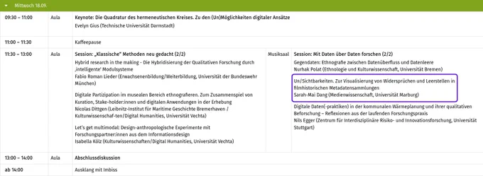 Screenshot des Programms der Tagung “Digitale Methoden und Daten in Ethnografie und qualitativer Forschung”, die vom 16.-18.09. in der Universität Vechta stattfindet. Der Vortrag von Sarah-Mai Dang ist Teil des Panels “Mit Daten über Daten forschen (2/2)” am 18.09. in der Zeit von 11:30 - 13:00 Uhr.