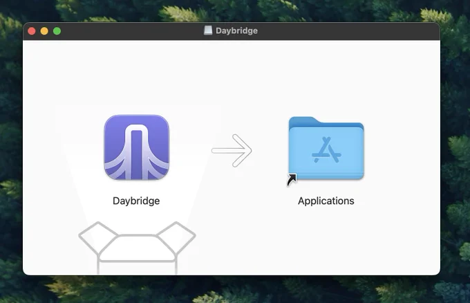 An image of a MacOS installer showing the Daybridge icon and Mac applications folder
