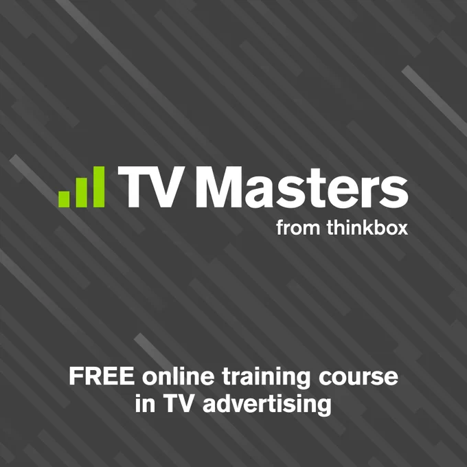Grey background with slightly slanted lines in varying shades and ombres of grey. The TV Masters logo which is a three green lines, one small, medium and long. This is next to the text 'TV Masters from thinkbox'. Below this is more text in white saying 'FREE online training course in TV advertising'