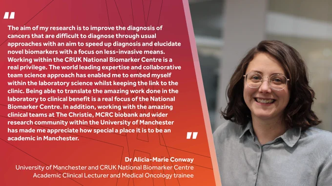 "The aim of my research is to improve the diagnosis of cancers that are difficult to diagnose through usual approaches with an aim to speed up diagnosis and elucidate novel biomarkers with a focus on less-invasive means. Working within the CRUK National Biomarker Centre is a real privilege. The world leading expertise and collaborative team science approach has enabled me to embed myself within the laboratory science whilst keeping the link to the clinic. Being able to translate the amazing work done in the laboratory to clinical benefit is a real focus of the National Biomarker Centre. In addition, working with the amazing clinical teams at The Christie, MCRC biobank and wider research community within the University of Manchester has made me appreciate how special a place it is to be an academic in Manchester." ~ Dr Alicia-Marie Conway
University of Manchester and CRUK National Biomarker Centre Academic Clinical Lecturer and Medical Oncology trainee

