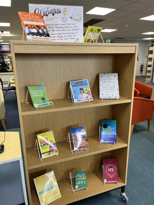 A display of 10 books from across the Library's collection, covers facing out, over 4 shelves on the theme help for starting University.