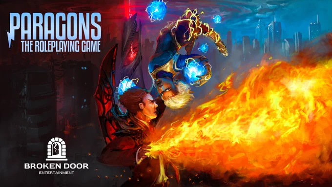 An illustration of a hero and villain facing off atop a building, with a city skyline in the background lit up by a glowing red laser emitting from a tower. There are logos for Paragons: The Roleplaying Game and Broken Door Entertainment on the image.