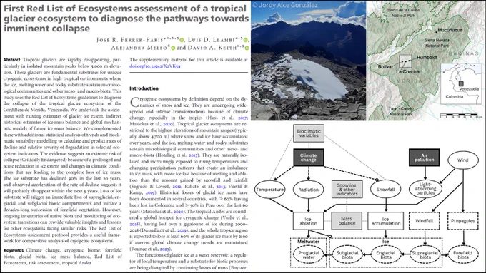 Left: First page of the article titled 'First Red List of Ecosystems assessment of a tropical glacier ecosystem to diagnose the pathways towards imminent collapse'. Top centre: photo of the Humboldt Glacier in August 2022. Top right: map of the study area in Venezuela. Bottom right: Conceptual ecosystem model for the tropical glacier ecosystem of the Cordillera de Mérida (figure 2 of Ferrer-Paris et al.). 