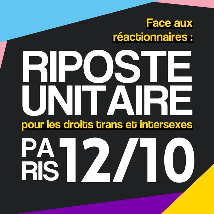 Visuel texte avec un fond de triangles aux couleurs trans et intersexes. Il est écrit "face aux réactionnaires, riposte unitaire pour les droits trans et intersexes, Paris, 12/10".