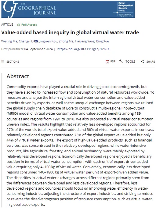 Title and abstract for 'Value-added based inequity in global virtual water trade' by Weijing Ma, Chengyi Li, Jingwen Kou, Zhong Ma, Haijiang Yang, and Bing Xue in The Geographical Journal. 
