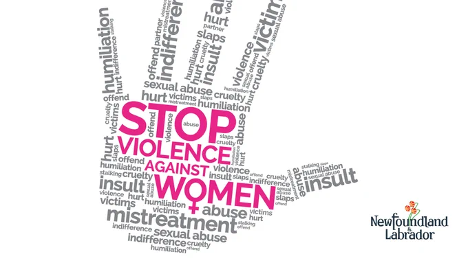 A graphic of a hand that contains the works STOP Violence Against Women.  The Government of Newfoundland and Labrador logo is in the bottom right corner.
