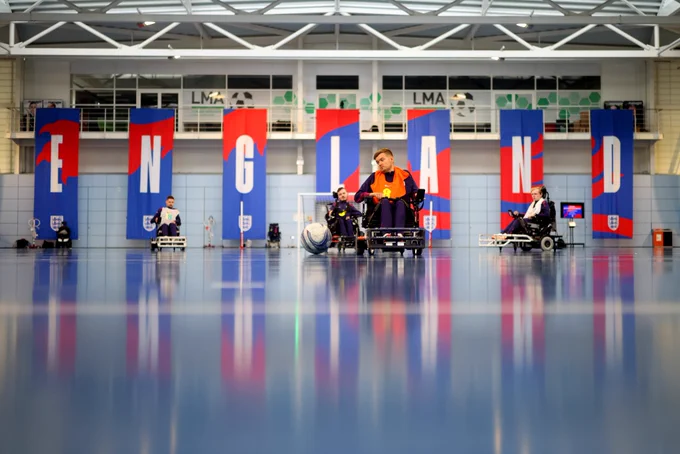 A wide view of the England Powerchair team during a training session at St. George’s Park