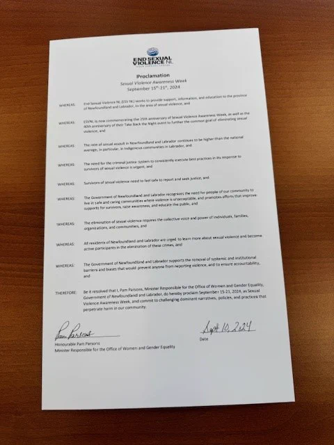 The proclamation declaring September 15-21 as Sexual Violence Awareness Week in Newfoundland and Labrador.  It was signed by Women and Gender Equality Minister Pam Parsons.