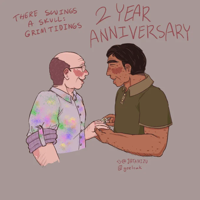 Pyotr (left) and Anatoli (right) from the game There Swings A Skull: Grim Tidings. Anatoli is putting a flower ring on Pyotr's left ring finger. they are both smiling very happily :)