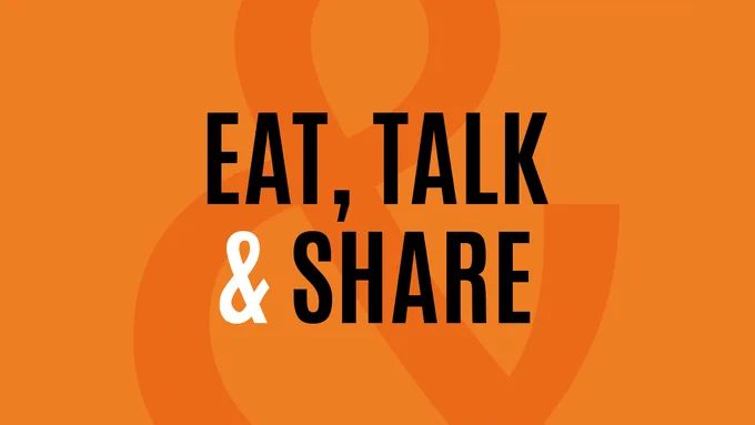 The words Eat, Talk & Share in black capitals against a deep orange background.