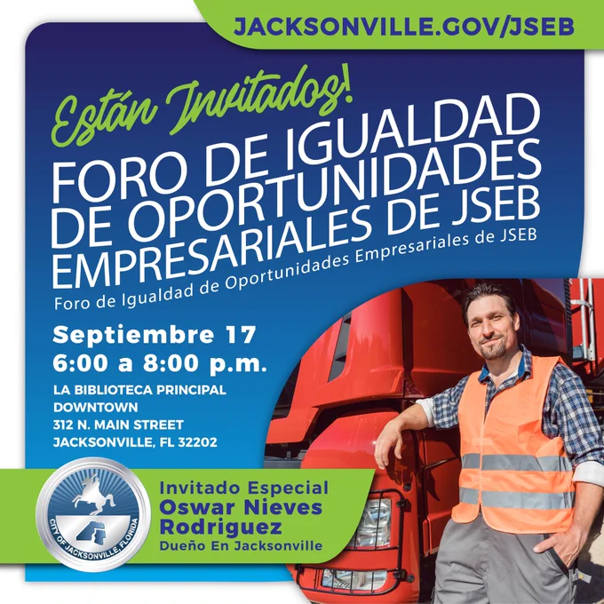 Para todos dueños de pequeñas empresas Hispanas: Vengan a aprender cómo certificar su negocio con la Ciudad de Jacksonville para poder licitar en contratos y subvenciones de la ciudad. Martes 20 de agosto en la Biblioteca Principal en el centro de Jacksonville - 6 p.m. a 8 p.m.
