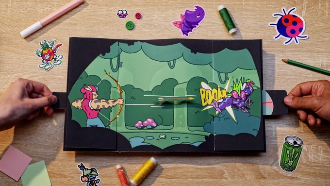 Screenshot from The Plucky Squire papercraft trailer where Jot snipes a big bug with the elven bow