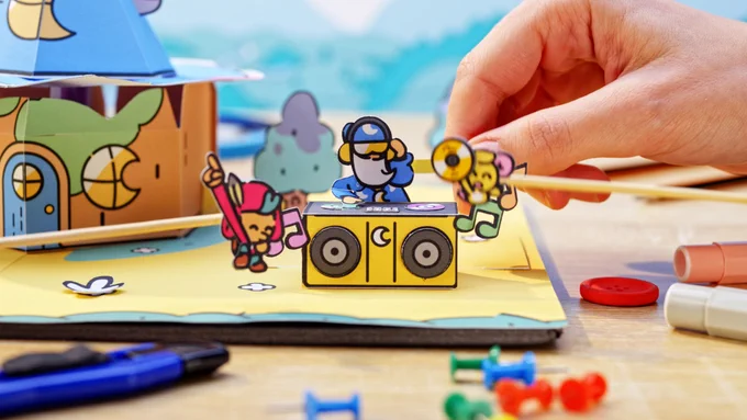 Screenshot from The Plucky Squire papercraft trailer where Jot snipes a big bug with the elven bow