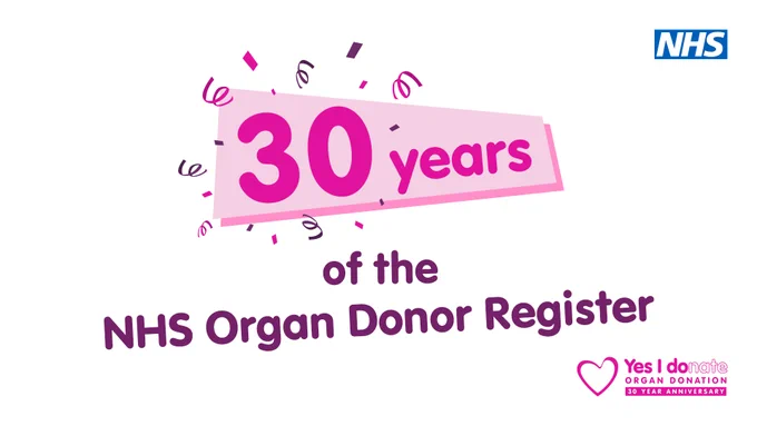 Graphic celebrating 30 years of the NHS Organ Donor Register. The image features large pink text that reads '30 years' with confetti around it, followed by 'of the NHS Organ Donor Register' in smaller purple text. The NHS logo is at the top right, and at the bottom right is the 'Yes I donate' heart logo for organ donation, marking the 30-year anniversary.