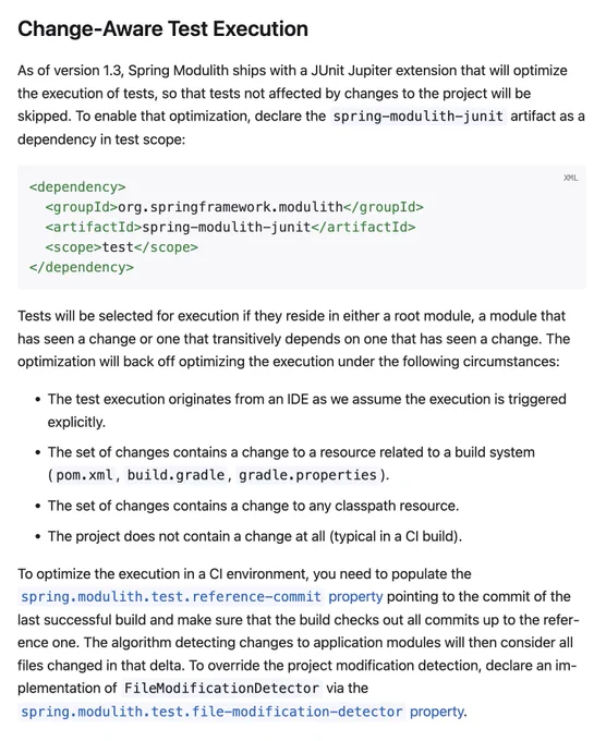 A screenshot of the change-aware test execution section of Spring Modulith's reference documentation, describing how to use the feature, how to customize its execution and what optimizations it applies under which circumstances.