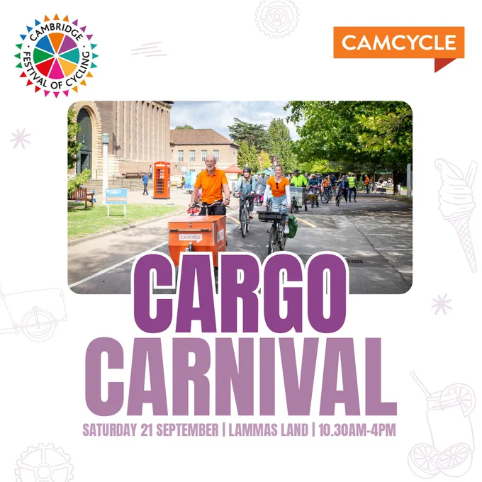 A poster showcasing the Cargo Carnival, featuring a parade of people on cargo bikes.