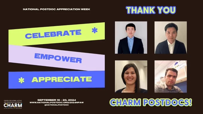 A national postdocs appreciation week graphic with a dark background. Left side contains green, purple, and blue ribbons that contain the words "celebrate" "empower" and "appreciate." On the right side is a grid of 4 images of CHARM's postdoctoral students.