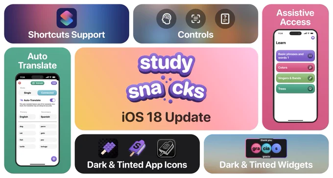 Feature graphic, showing the different features of the iOS 18 update of Study Snacks, like Shortcuts Support, Controls, Assistive Access, Auto Translate and Dark & Tinted App Icons

