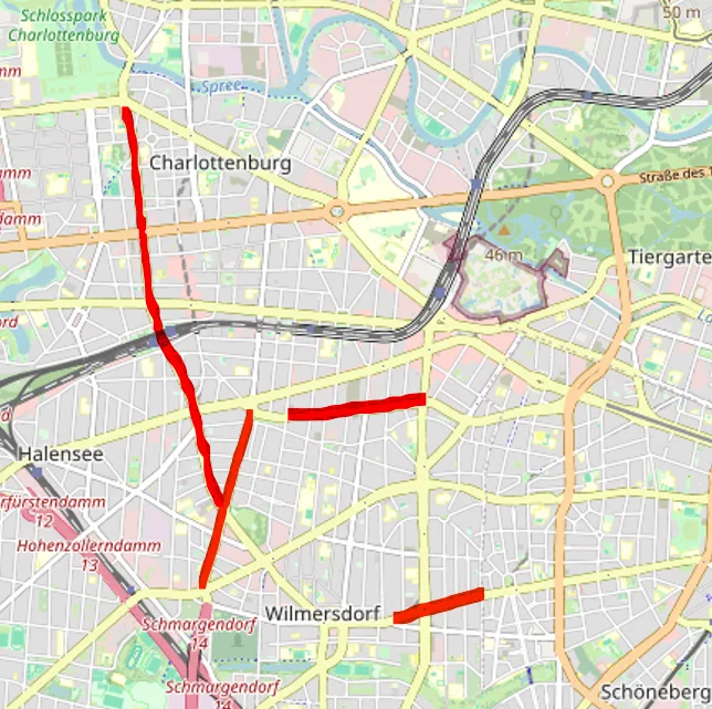 Kartenausschnitt mit Hauptverkehrsstraßen ohne Radwege (rot markiert). 
Kartengrundlage: https://www.openstreetmap.org/#map=15/52.49093/13.31410