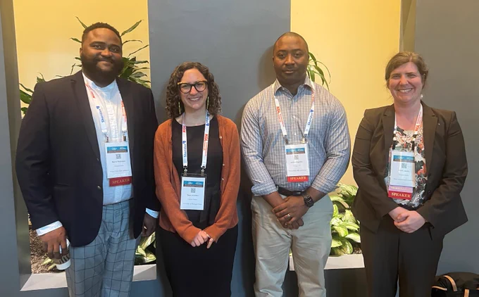Photo: The Prairie View A&M University author and librarian team, alongside Editorial Director from University of Michigan Press and Assistant Editor from Brown University Digital Publications, at a panel at the Society for Scholarly Publishing May 29–31 in Boston. Pictured (l-r): Marco Robinson, Sara Jo Cohen, Jordan Signater, Clare Jones. Courtesy of Brown University.