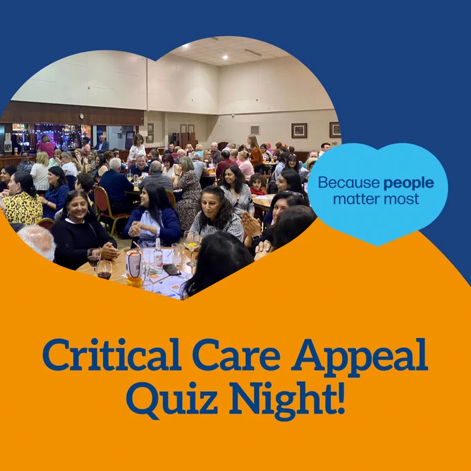 Photo of past quiz night with text 'Critical Care Appeal Quiz Night'