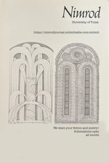 Next to two art deco arches, black words on beige background read: Nimrod, University of Tulsa, submission website, We want your fiction and poetry!, submissions open all month. 