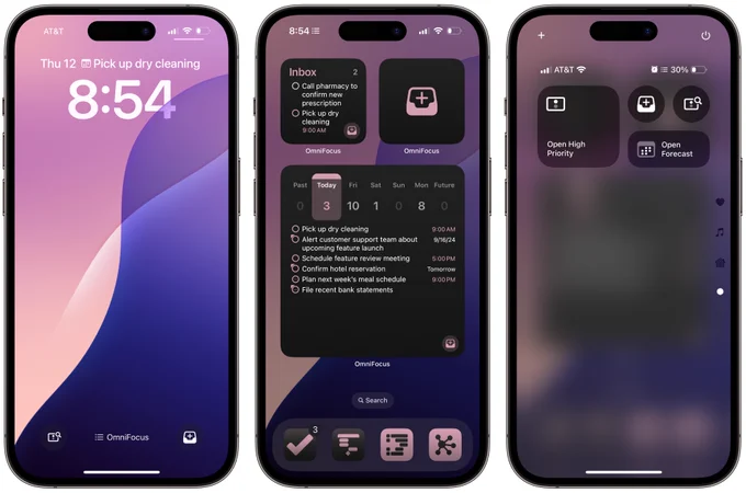 3 screenshots illustrating new OmniFocus 4.4 feature set on iOS 18.