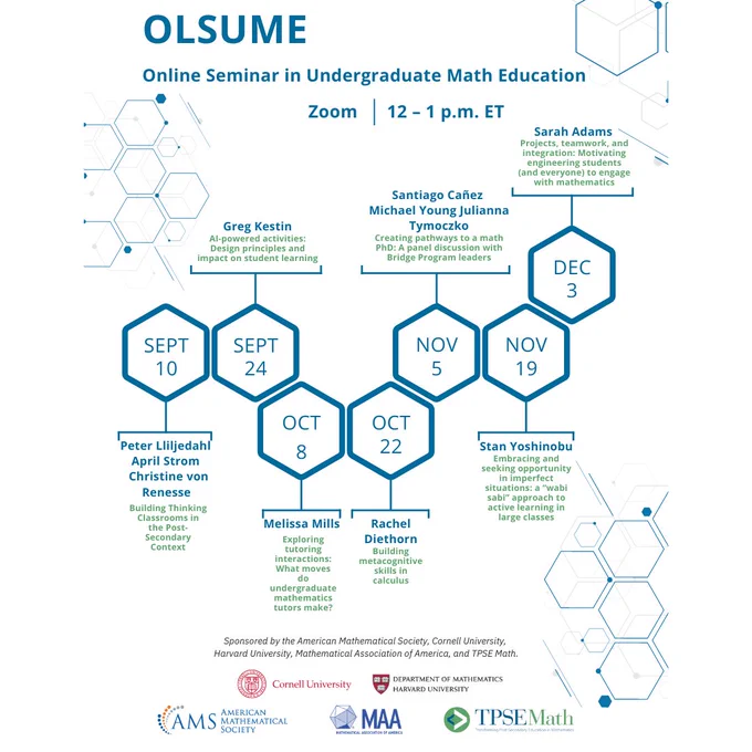 A poster with details about the OLSUME (Online Seminar in Undergraduate Math Education) online seminar centered on mathematics education at the undergraduate level.