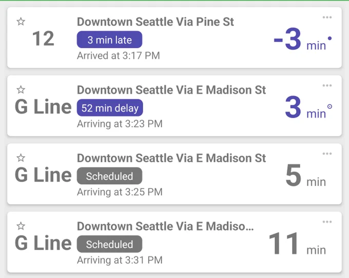 RapidRide G Line bus scheduled with a 52 minute delay