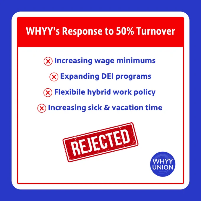 A graphic says: WHYYs response to 50% turnover: no to increasing wage minimums, expanding DEI programs, flexible hybrid work policies, and increasing sick and vacation time