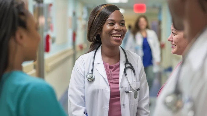 A group of clinicians smiling and talking to each other in a hospital corridor.