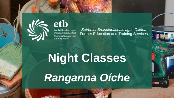 Three images of painting, cooked food and DIY with a text overlay of course name in Irish and English and logo. 