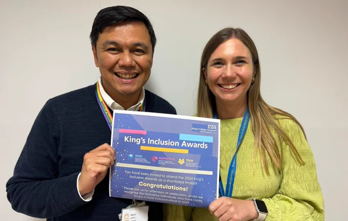 Dani and Cat from the King's Clinical Research holding their 'finalist'  letter for the King's Inclusion Awards.