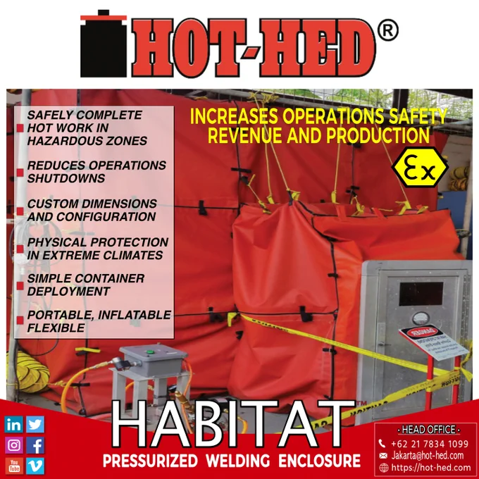 Hot-Hed® International's Pressurized Welding Habitat™ - Safely complete Hot Work in Hazardous Zones 1 & 2. Reduces operations shutdowns. Provides physical protection in extreme climates. Portable, inflatable, flexible. Increases Operations Safety, Revenue & Production. 
____

The HABITAT™ is the first ATEX Certified Habitat made available to Industrial Sectors. It provides a safe, enclosed workspace which isolates hot work from flammable materials.
__

APPLICABLE INDUSTRIES

• Oil & Gas / Oil Field / Offshore Oil & Gas Drilling & Exploration / Pipeline Industries 
• Natural Resource Mining Industry
• Maritime / Marine / Shipping
• Defense Contracting Industry 
• Industrial Engineering
• Civil Engineering
• Petrochemical Industry
• Aviation Industry 
• Electrical Industry
____

#WeldingHabitat #PressurizedHabitat #HotWorkHabitat #HotHedHabitat #PositivePressureEnclosure •• 

https://hot-hed.com