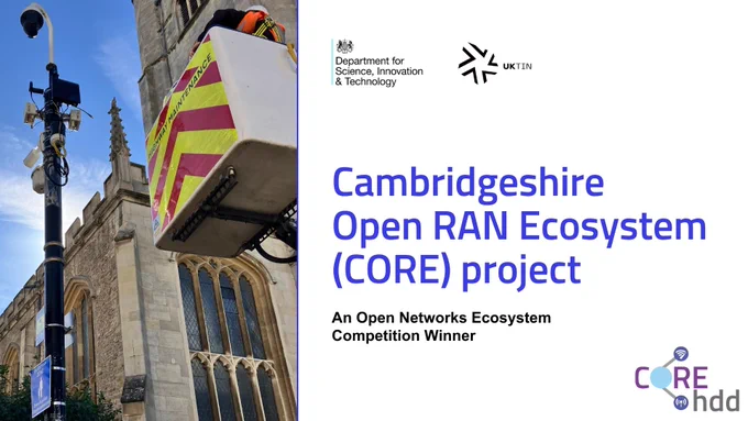 Video still from the Cambridgeshire Open RAN Ecosystem project film. It shows the CORE logo and explains the project is An Open Networks Ecosystem Competition Winner, with the DSIT and UK-Tin logos.