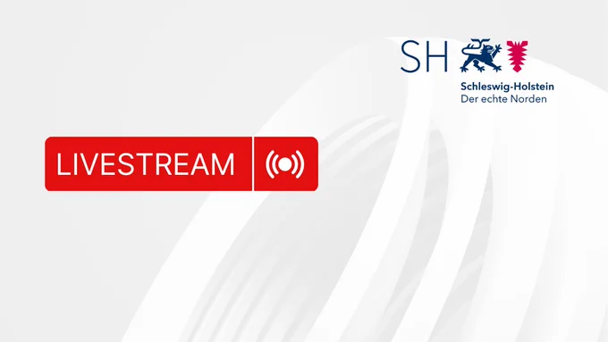 Eine weiße Bildkachel mit einem roten Hinweis auf einen Livestream. In der oberen rechten Bildecke befindet sich das Logo von Schleswig-Holstein. 