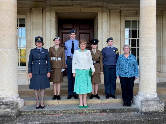 The Lord-Lieutenant welcomes 4 new Lord-Lieutenant Cadets for the next year at County Hall; Cpl Daisy Edmonds (ACF), CWO Katie Martin (RAF), CSM Rebekah Slarke (CCF) and Sgt Harry Whittle (RAF), joined by Sqn Ldr Harriet Balshaw, Wiltshire JSCC & Wendy Bell, Wiltshire ACF