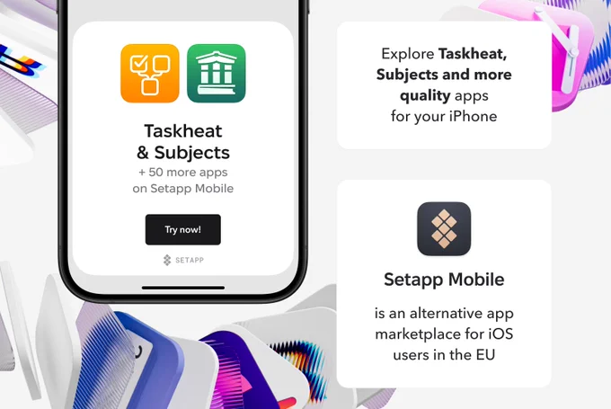 Setapp Mobile is an alternative app marketplace for iOS users in the EU. Home to Taskheat, Subjects and 50  more apps.